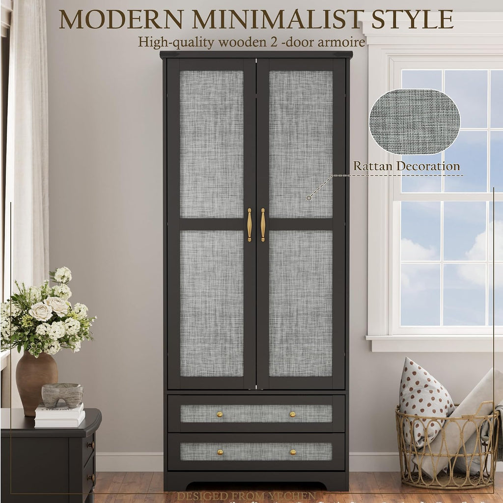 71" Wooden Armoire Wardrobe Closet with 2 Doors & 2 Drawers, Black | Modern Tall Storage Cabinet with Adjustable