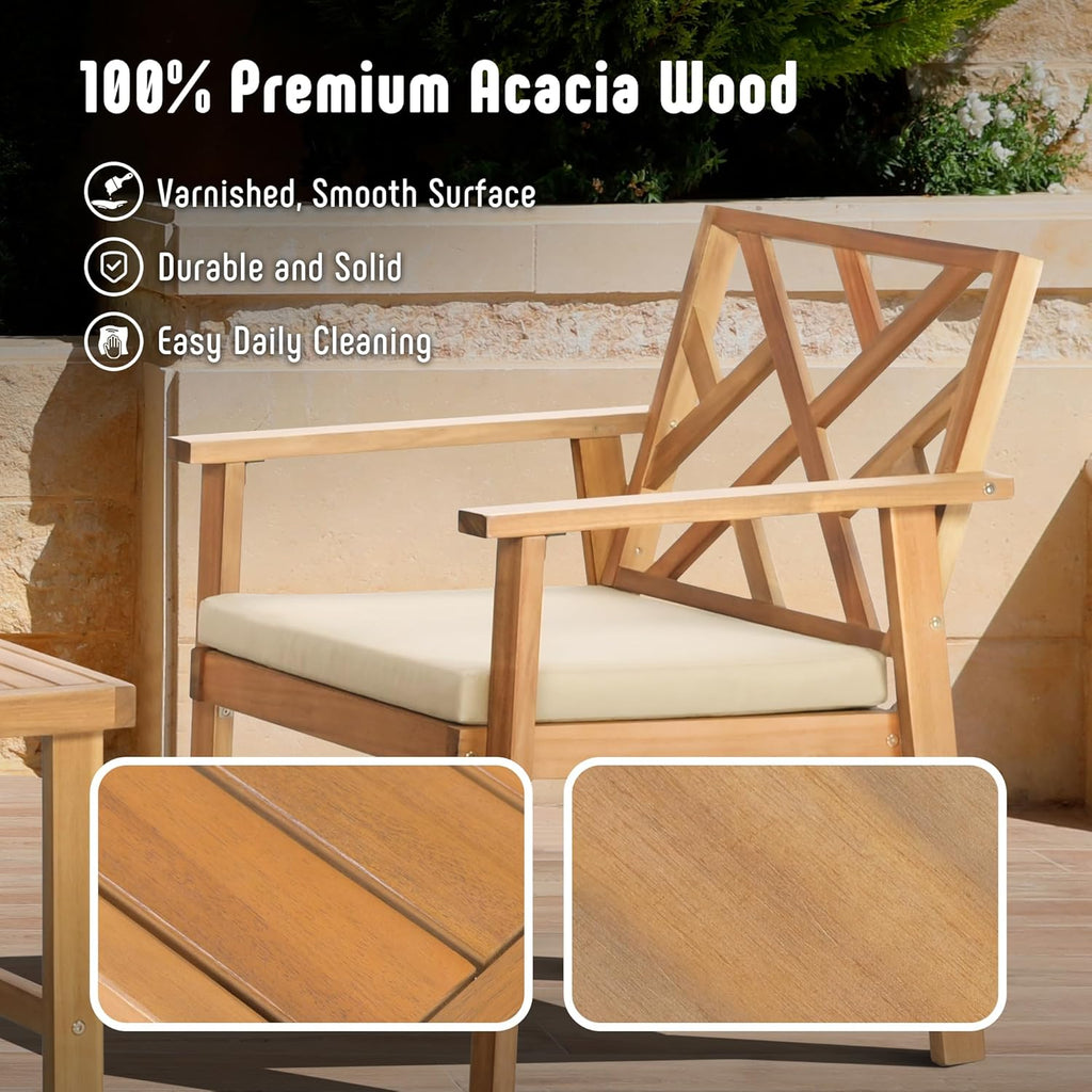 3 Piece Outdoor Patio Furniture Set, Wooden Conversation Patio Set with Padded Cushion Chairs and Coffee Table