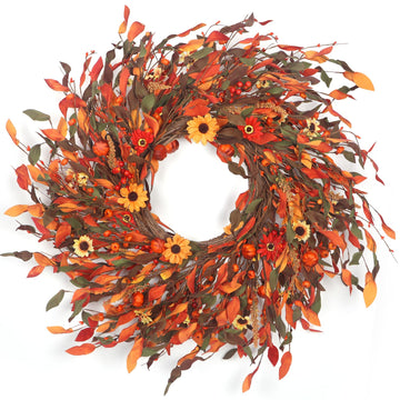 25" Fall Wreaths for Front Door, Passional Daisy Pumkin Wreath for Thanksgiving Harvest Front Door Wreath Decor
