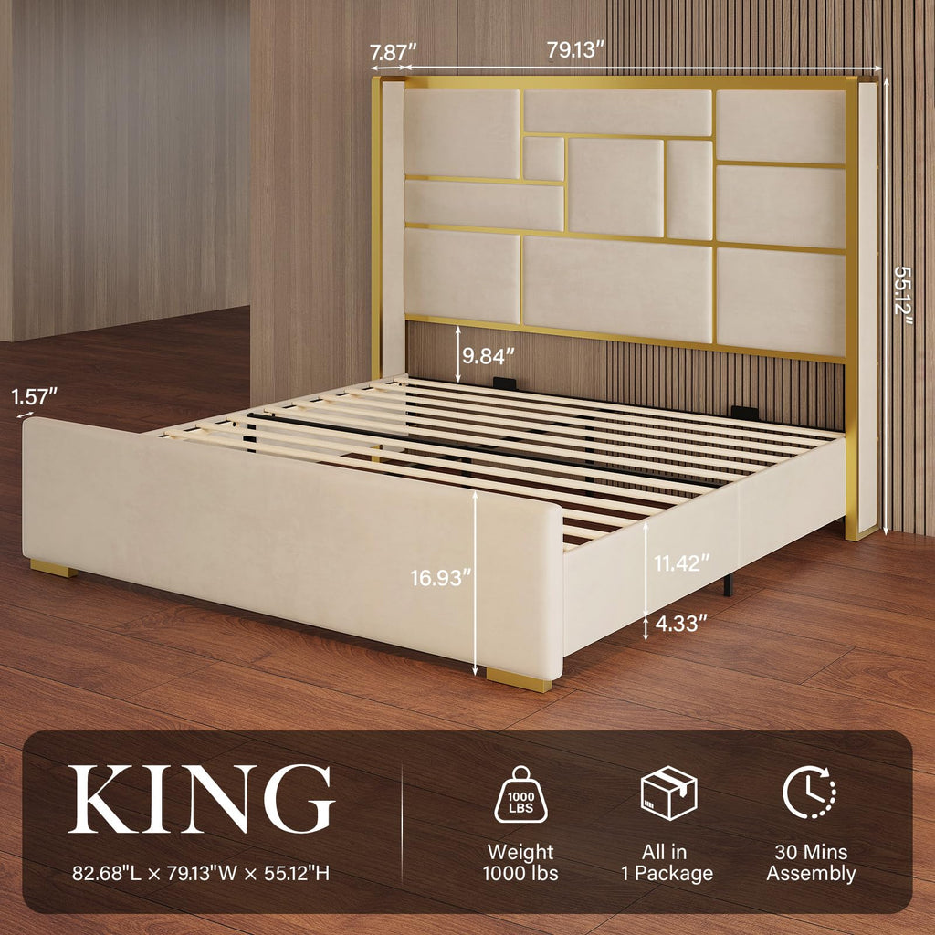 King Bed Frame and Gold Trim Headboard, Upholstered Bed, Beige