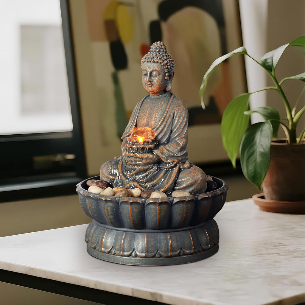 Home Décor 9.6" Tabletop Fountain Exquisite Smile Sitting Buddha Fountains Desk Water Fountain Decorative Zen