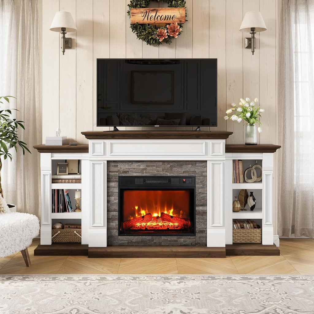 72" Electric Fireplace with Mantel and Cabinets, Fireplace TV Stand for Living Room Bedroom, Stacked Stone Surround