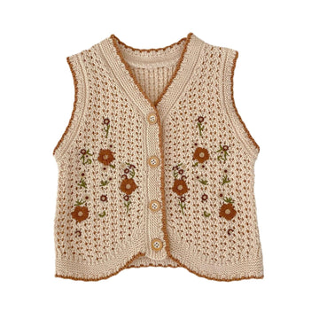 Baby Girls Embroidered Cotton Vintage Sweater Vest Knitted Cardigan