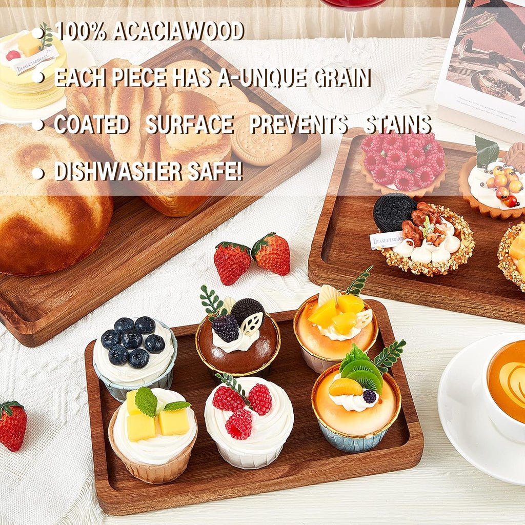 6 Pcs Acacia Wood Serving Trays Wooden Plates for Food 3 Sizes Rectangular Serving Platter Set Natural Wooden Boards