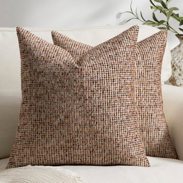 Pack of 2 Neutral Throw Pillow Covers 20x20 Boho Textured Dots Stripe Chenille Square Decorative Pillow Cases Accents
