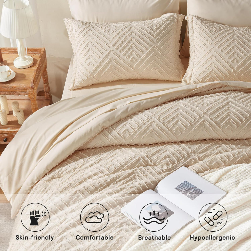 Comforter Set 7 Pieces, Beige Tufted Bed in a Bag with Comforter and Sheets