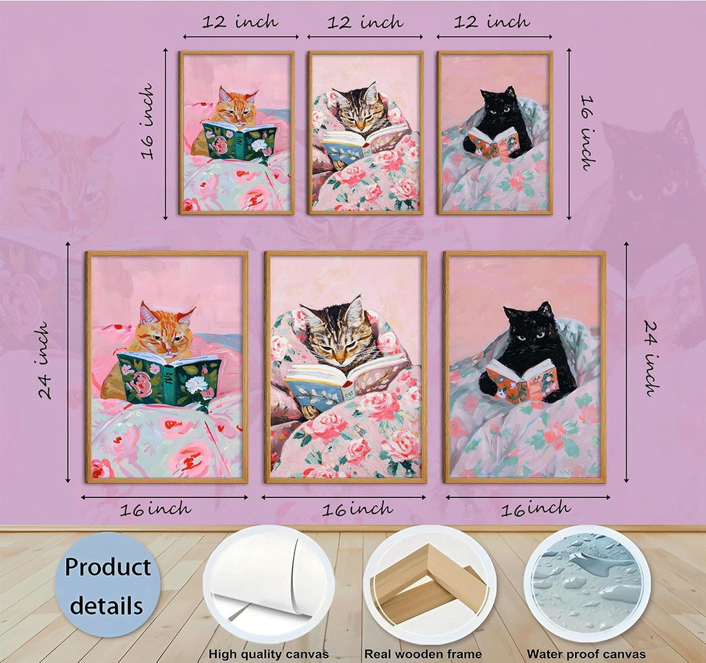 3Pcs Framed Vintage Cat Canvas Wall Art, Pink | Funny Animal Reading Books Pictures, Cute Kitten Lovers