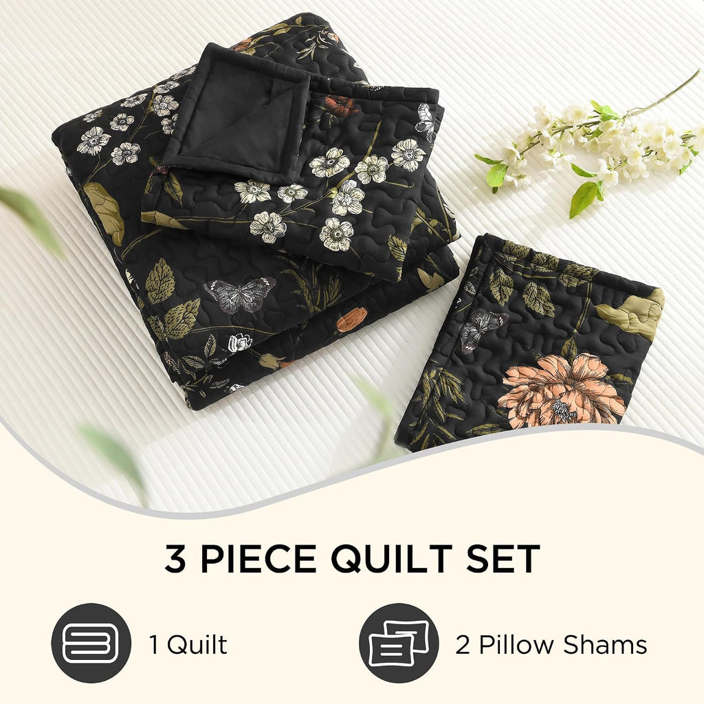 Floral Black Quilt - 3 Pieces Botanical Birds Pattern Quilt Bedding, Lightweight Soft Coverlet for All Seasons