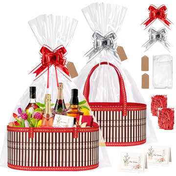 2 Set Baskets for Gifts Empty, Woven Bamboo Gift Basket Empty Large with Handles, Sturdy Gift Basket Kit Empty to