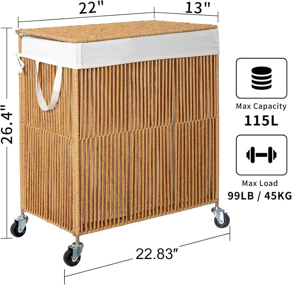Rolling Laundry Basket Wheels, Handwoven Laundry Hamper with Lid | Double Clothes Hamper with Divided Removable Bag