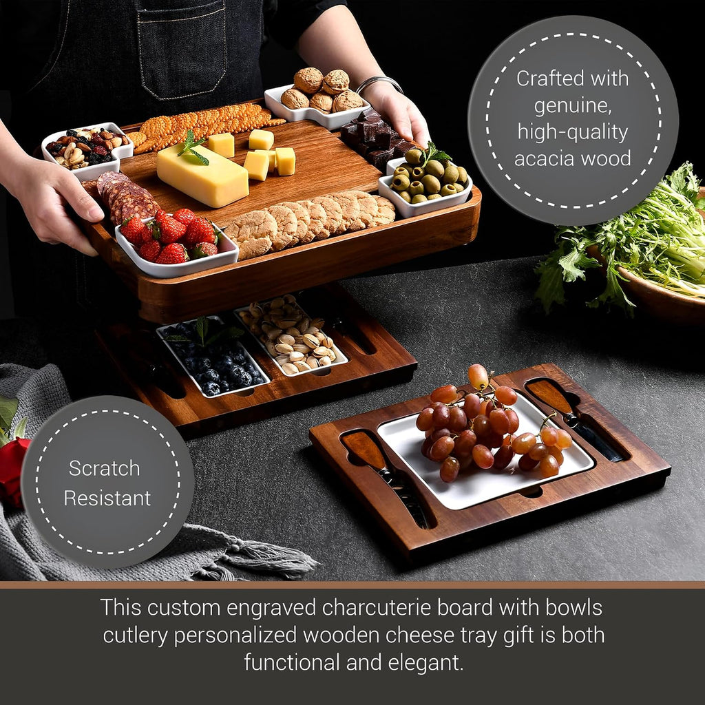 Upgraded Acacia Cheese Board Set, Square Shaped Charcuterie Set, Cheese Platter, Handcrafted Design and Stainless