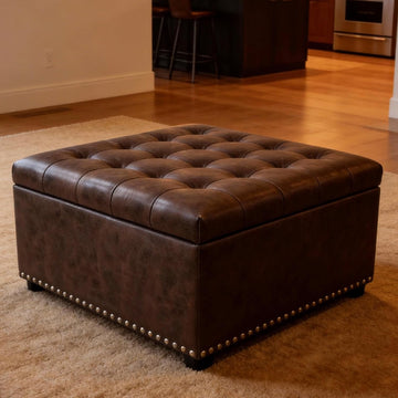 Brown PU Leather Large Square Storage Ottoman with Nailhead Trim,30" Vintage Faux Leather Upholstered Ottoman Coffee