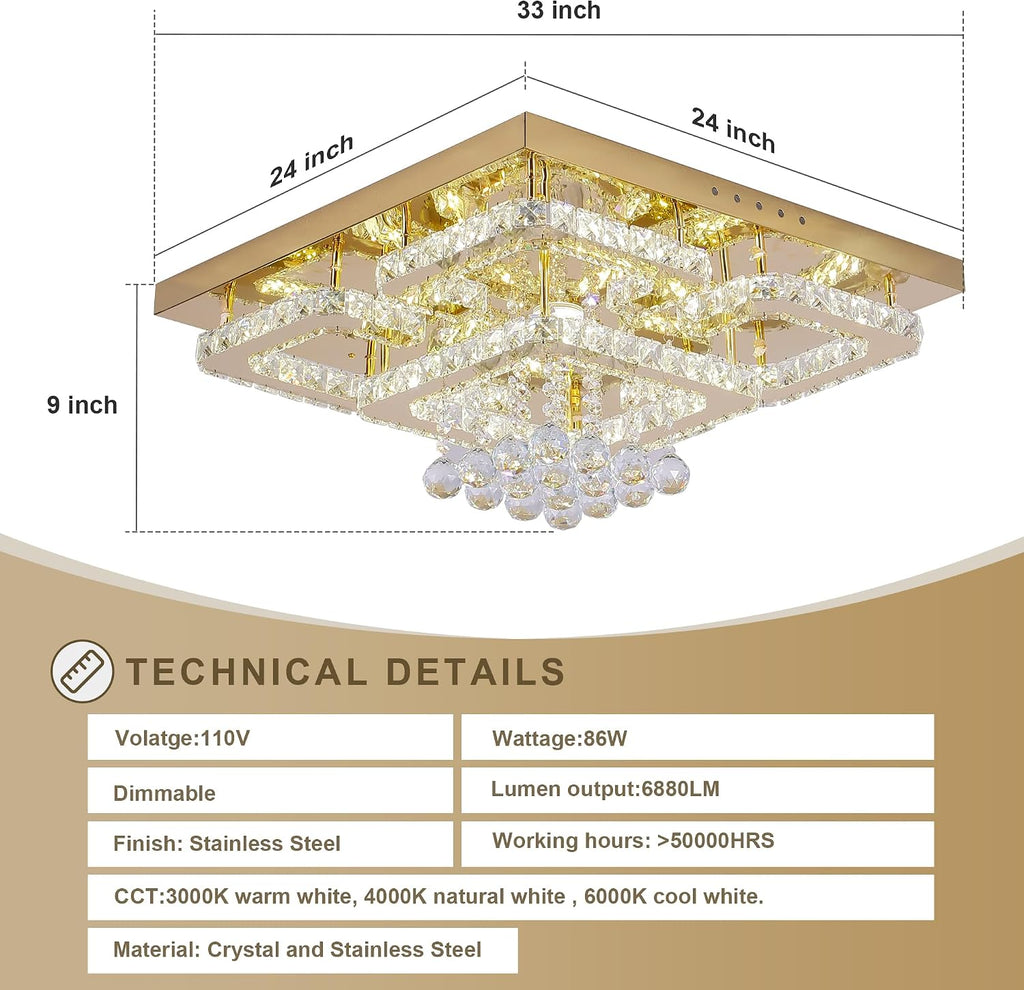 24 inch Flush Mount Chandelier Crystal Ceiling Light with Remote Control/APP, 3CCT Dimmable&Brightness Adjustable