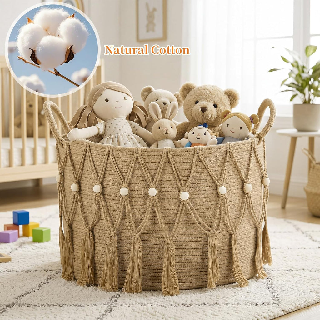 Boho Blanket Basket Laundry, 20 x 13",Beige | Woven Design, Large Decorative Basket with Bead Tassels Handles, for