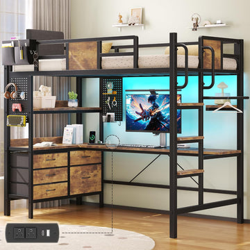 Loft Bed with Desk,Twin Loft bed with 5 Storage Drawers & 2 open Shelves & LED Light and Charging Station,Loft Bed