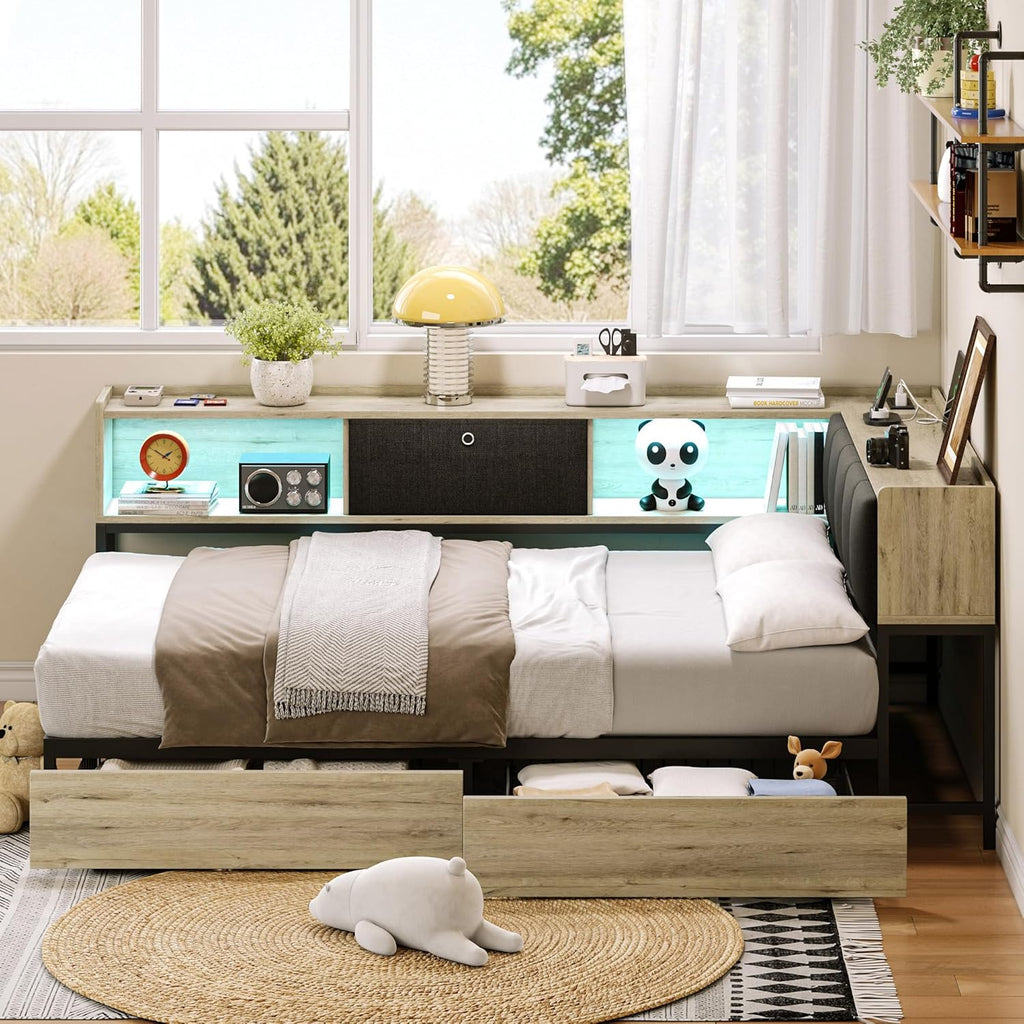 Twin Corner Bed Frame with 2 Storage Drawers, LED Lights & Charging Station, Storage Upholstered Headboard, Sturdy