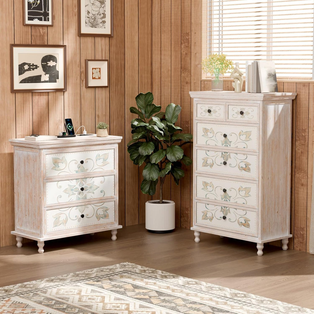 Dresser Wood Chest of Drawers , Tall Dresser 6 Drawer Chest Boho, Wooden Dressers with Drawers and Solid Wood Legs