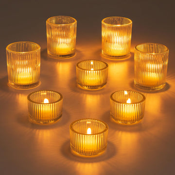 Glass Tealight Candle Holder: 8 Pcs Ribbed Clear Votives for Table