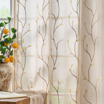 Sheer Curtains for Bedroom Leaf Embroidered Semi Sheers for Living Room Botanical Embroidery Voile