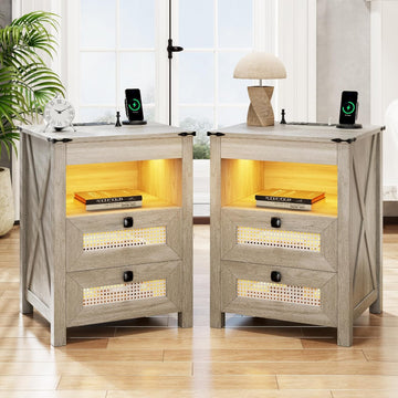 LED Bedside Table Set of 2 with Charging Station | Night Stand with Gun Drawers, LED Human Sensor Light, Farmhouse