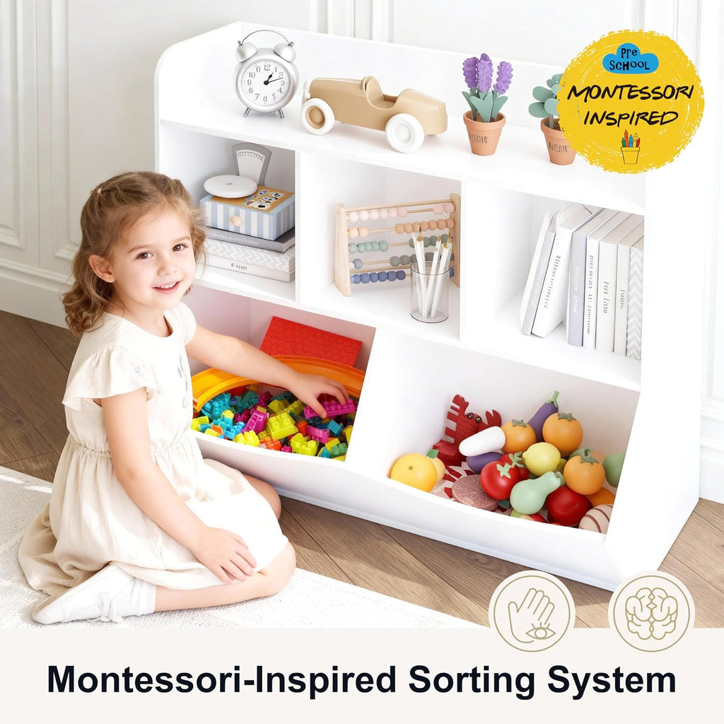 Toy Storage Organizer with Bookcase, Slanted Kids Toy Shelf Cubby | Multi Toy Storage Bookshelf, Spacious Shelves and