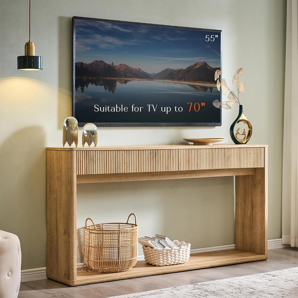 63" Fluted Console Table , Modern Entryway Table with 2 Large Drawers, Long Sofa Table Behind Couch , Couch