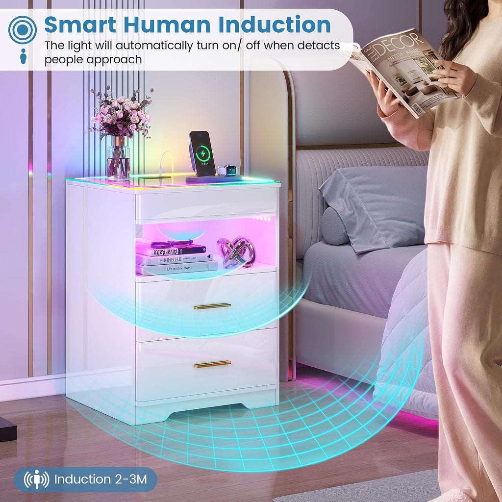 LED Nightstand with RGB Lights - Smart Night Stand with Charging Station, Modern Bedside Table with Tempered Glass
