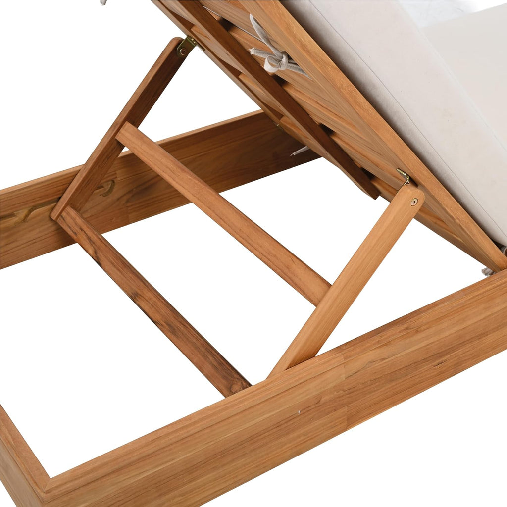 Patio Furniture Collection - Montford Brazilian Teak Chaise Lounge with Beige Cushions, Adjustable