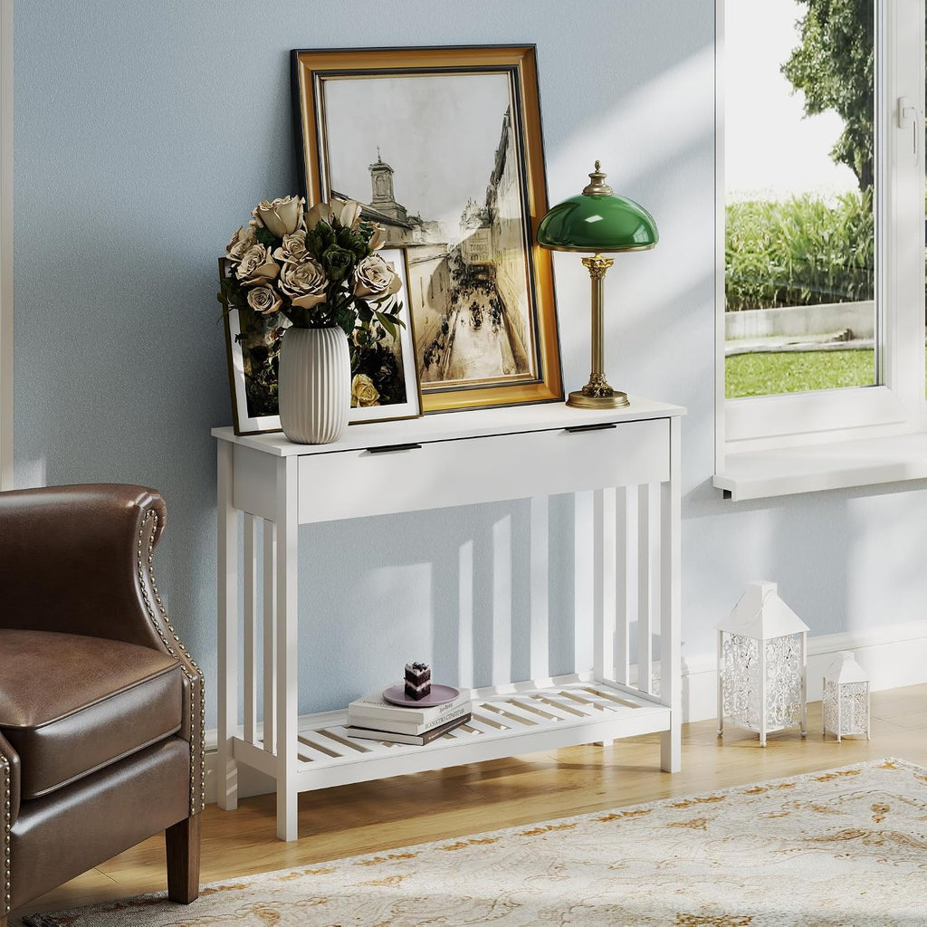 White Narrow Console Table with Drawer Storage Shelf, Modern Wooden Entryway Sofa Table, 39 Inch Slim Behind Couch