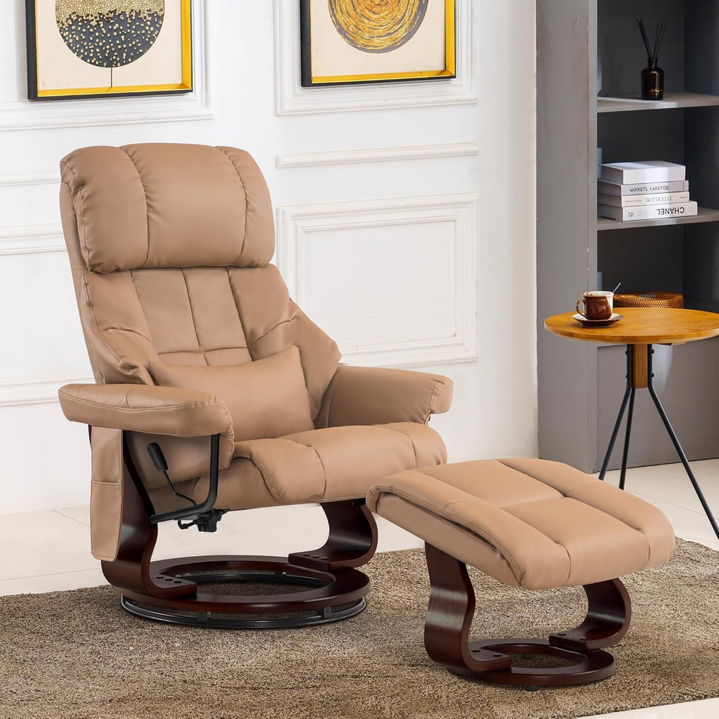 Modern Reclining Swivel Lounge Chair and Ottoman — Cognac Faux Leather