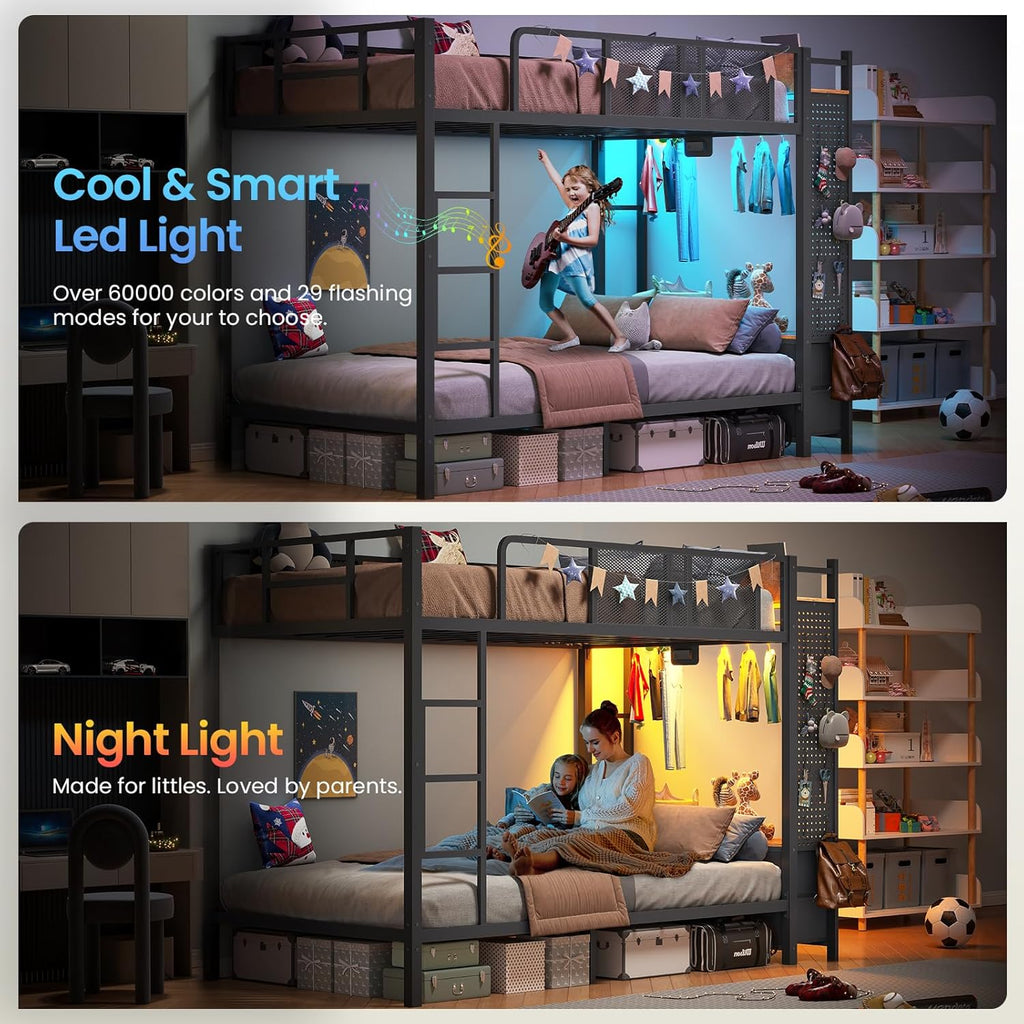Metal Bunk Bed Twin Over Twin with Hall Tree, Power Outlet, LED Bunk Bed with 4 Storage Drawers