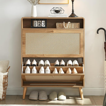 Rattan Shoe Cabinet with 2 Flip Drawers, 16 Pairs Narrow Shoe Storage Cabinet Freestanding Hidden Shoe Rack, Modern