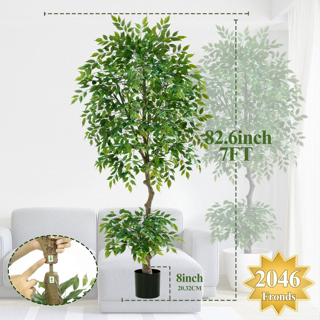 7ft Tall Ficus Artificial Trees with Double-Layered Canopy, Large Fake Floor Tree with Natural Curved Trunk, Lush