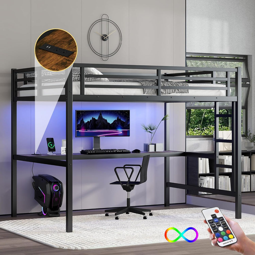 Full Metal Loft Bed with Desk and LED Lights,Heavy Duty Loft Bed Frame with Charging Station and USB for