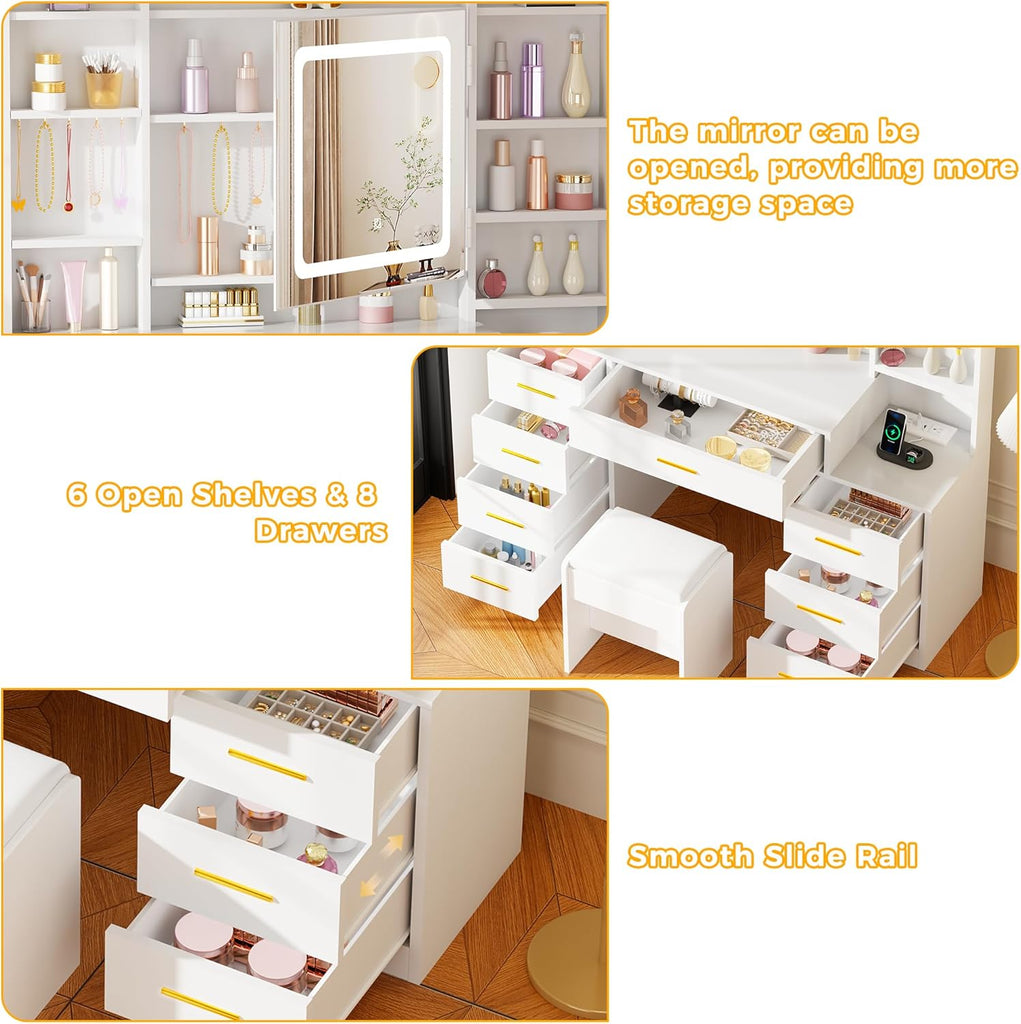 Large Makeup Vanity Desk with Lights,12 Hooks and Cushioned Stool | White Vanity Table with Power Outlet,3 Lighting