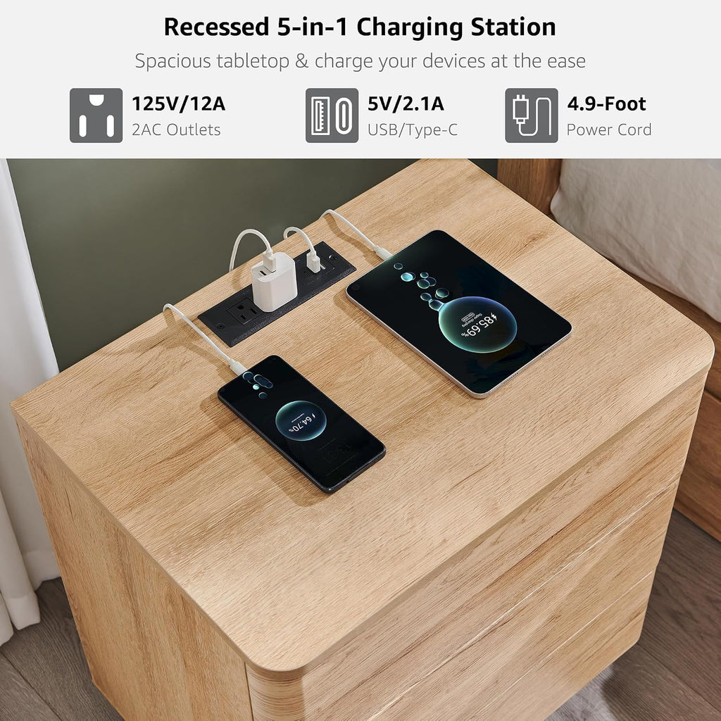 22" Modern Nightstand with Charging Station, Large Push-to-Open End Table, Wood Bedside Table w/Curved Profile