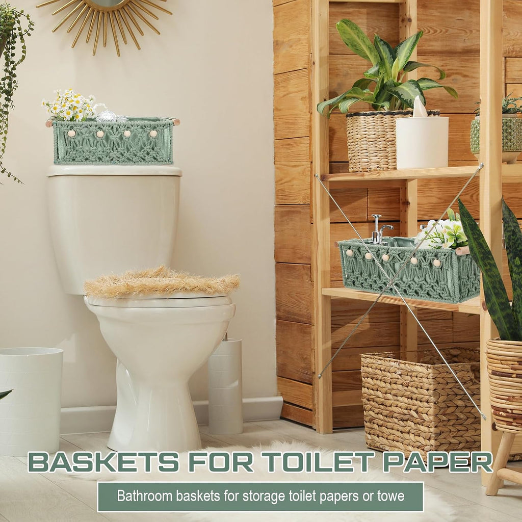 4 Pcs Sage Green Macrame Storage Basket for Shelves 13" 11" Boho Storage Basket Hand Woven Boxes with Wood Handles