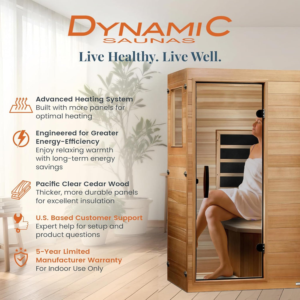 DYNAMIC SAUNAS Elite 1 Person Compact Ultra Low EMF FAR Infrared Sauna with Red Light Therapy & Bluetooth Speakers