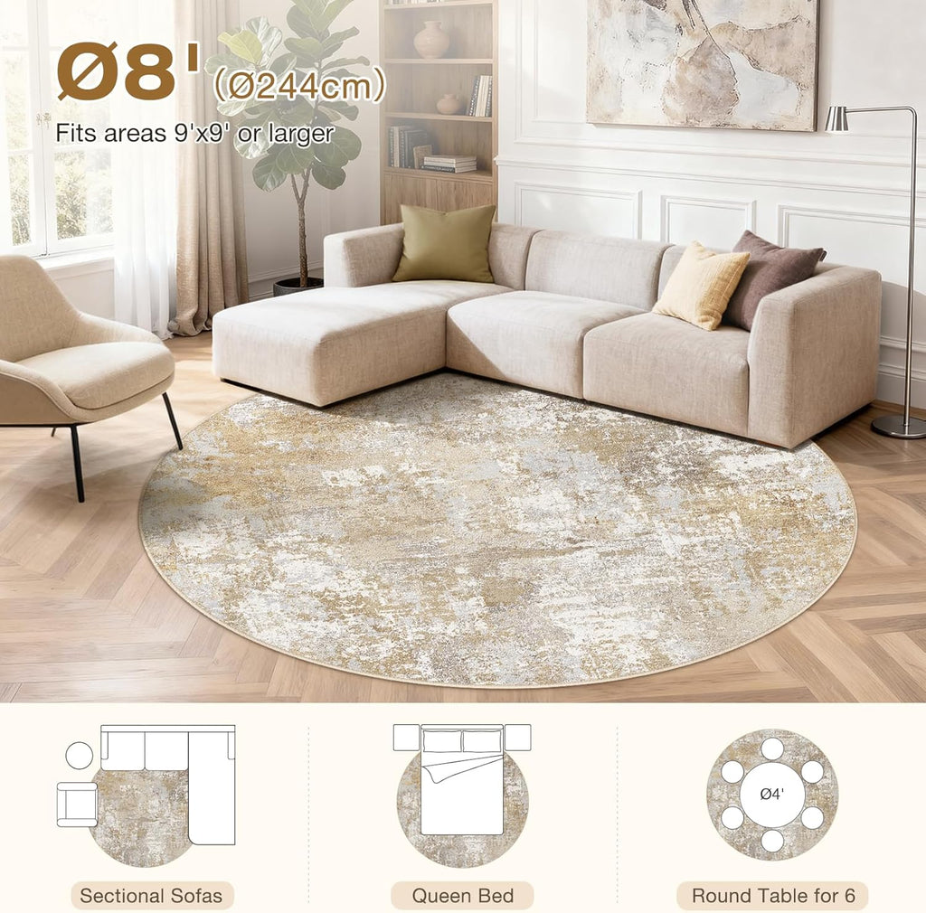 Washable 8' Round Area Rug for Living Room: Modern Abstract Neutral Large So' Thin Rugs - Non Slip I