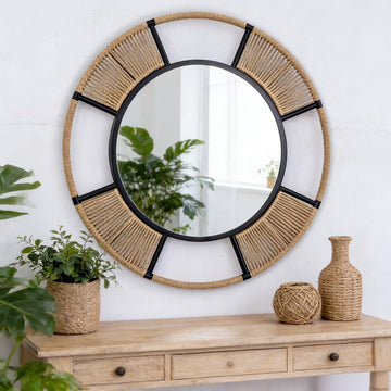 36'' Modern Boho Round Wall Mirror, Jute Rope & Black Metal Frame