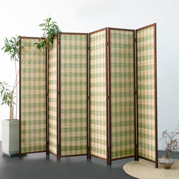 6 Panel Bamboo Room Divider, Green Stripe Folding Privacy Screen