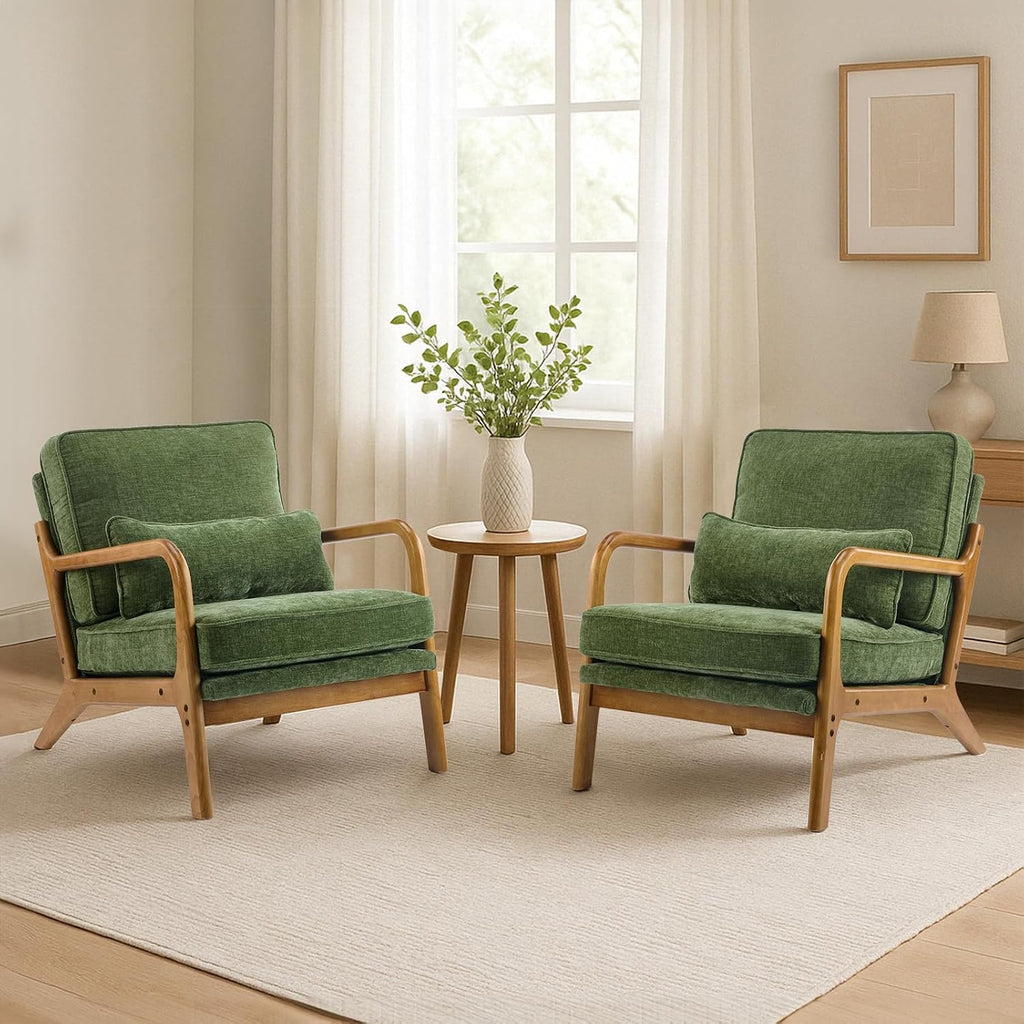 Mid Century Modern Accent Chair with Lumbar Pillow & Oak Arms - Plush Chenille Living Room Chair , Lounge (Olive