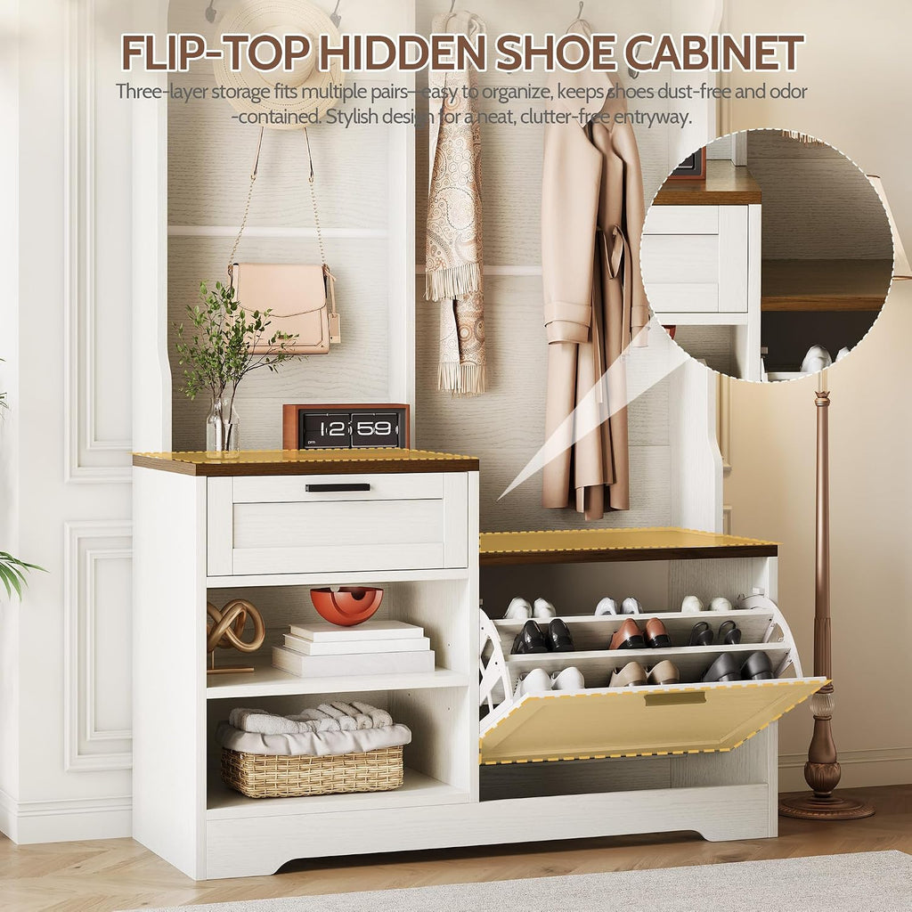 Hall Tree with Bench and Shoe Storage, 6-in-1 Entryway Coat Rack with Flip Drawer Shoe Cabinet, 7 Hooks, 4 Storage