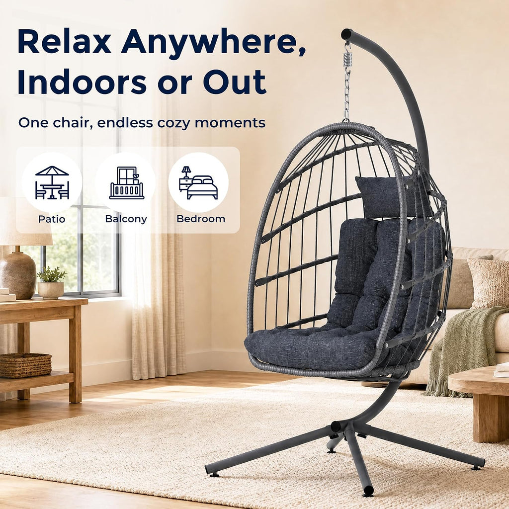 Egg Chair Outdoor with Stand, Indoor Wicker Hanging Egg Swing Chair with Cushion, 370lbs Capacity , Garden - Dark Grey