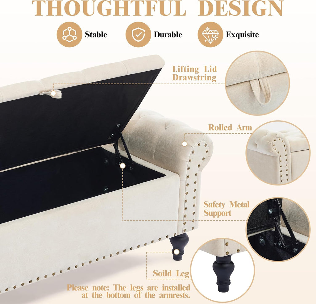 51" Storage Bench , Upholstered Ottoman Bench, Chenille Beige | End of Bed Bench , Window Benches , Ottoman with