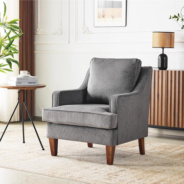 Mid-Century Modern Accent Chair, Light Grey Upholstered Armchair Comfy Sofa Chair Reading Chair High Back Bedroom