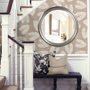 George Round Glossy Nickel Wall Mirror, Bevelled Vintage Hanging Wood Framed Vanity Mirrors Decor, Living Room