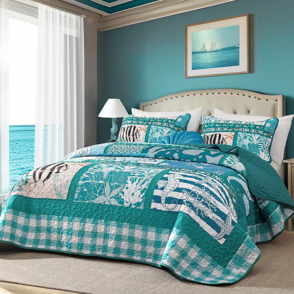 Beach Quilt Set 3 Piece, Summer Coastal Bedspread Coverlet Lightweight Green Ocean Theme Plaid Patchwork