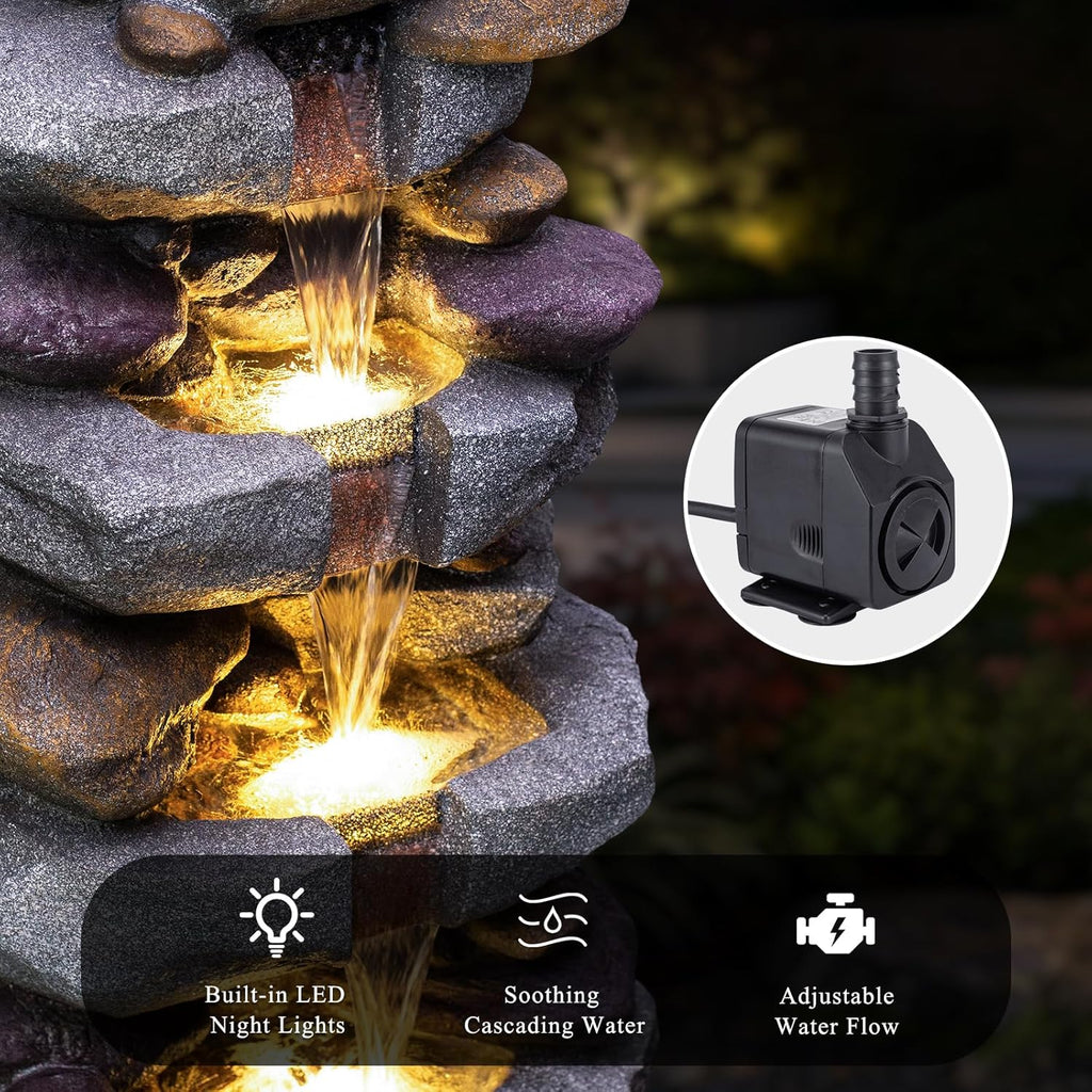 39" Stacked Rock Design Outdoor Freestanding Water Fountain, Floor Fountain with LED Lights and Pump