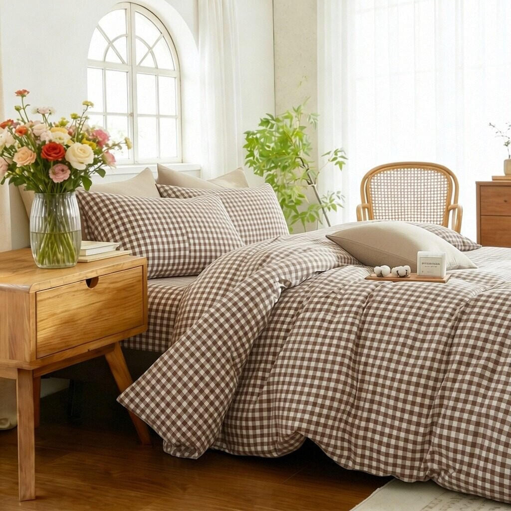 Brown Tan Gingham Duvet Cover Set 100% Washed Cotton Linen Feel Full